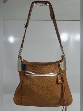 Tre Vero Cognac Brown Pebbled Leather Hobo Shoulder Bag Gold Chain Hardware